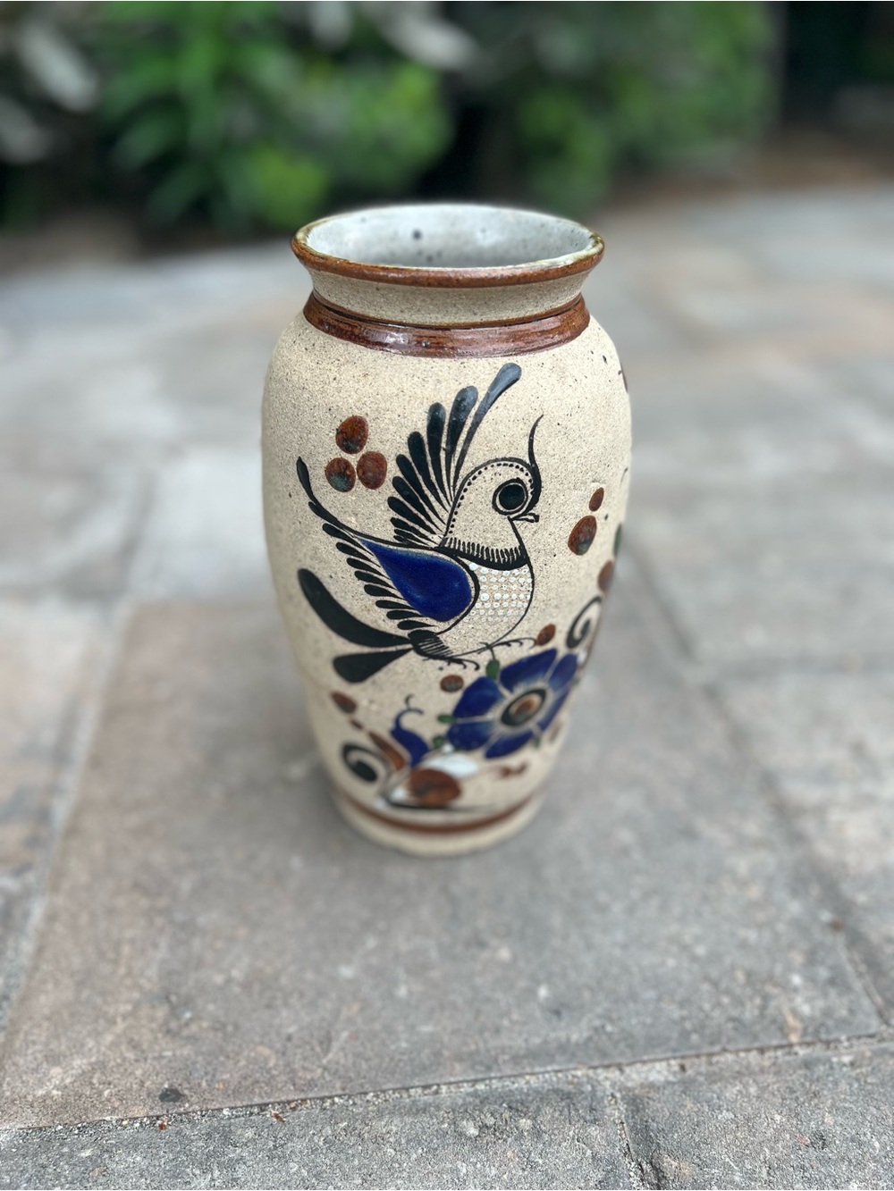 Vintage Tonala Art Pottery 9” Vase Signed Mexican Folk Art Bird & Flowers